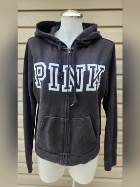 PINK Victoria's Secret Black Zip Hoodie with White Logo Medium